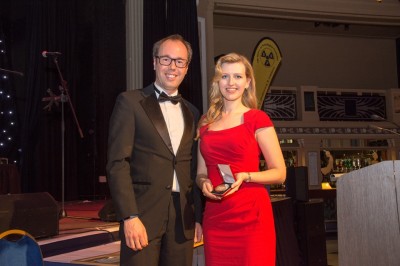 Lindsey Simcox (Aurora) receiving Founders' Medal from Chris Jones (AWE)